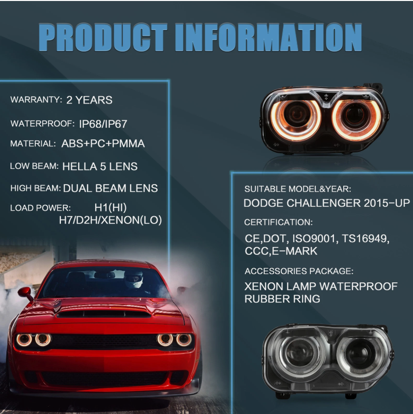 Headlights LED  RGB Color Change Lamps For 2015-2023 Dodge Challenger SE RT LH+RH